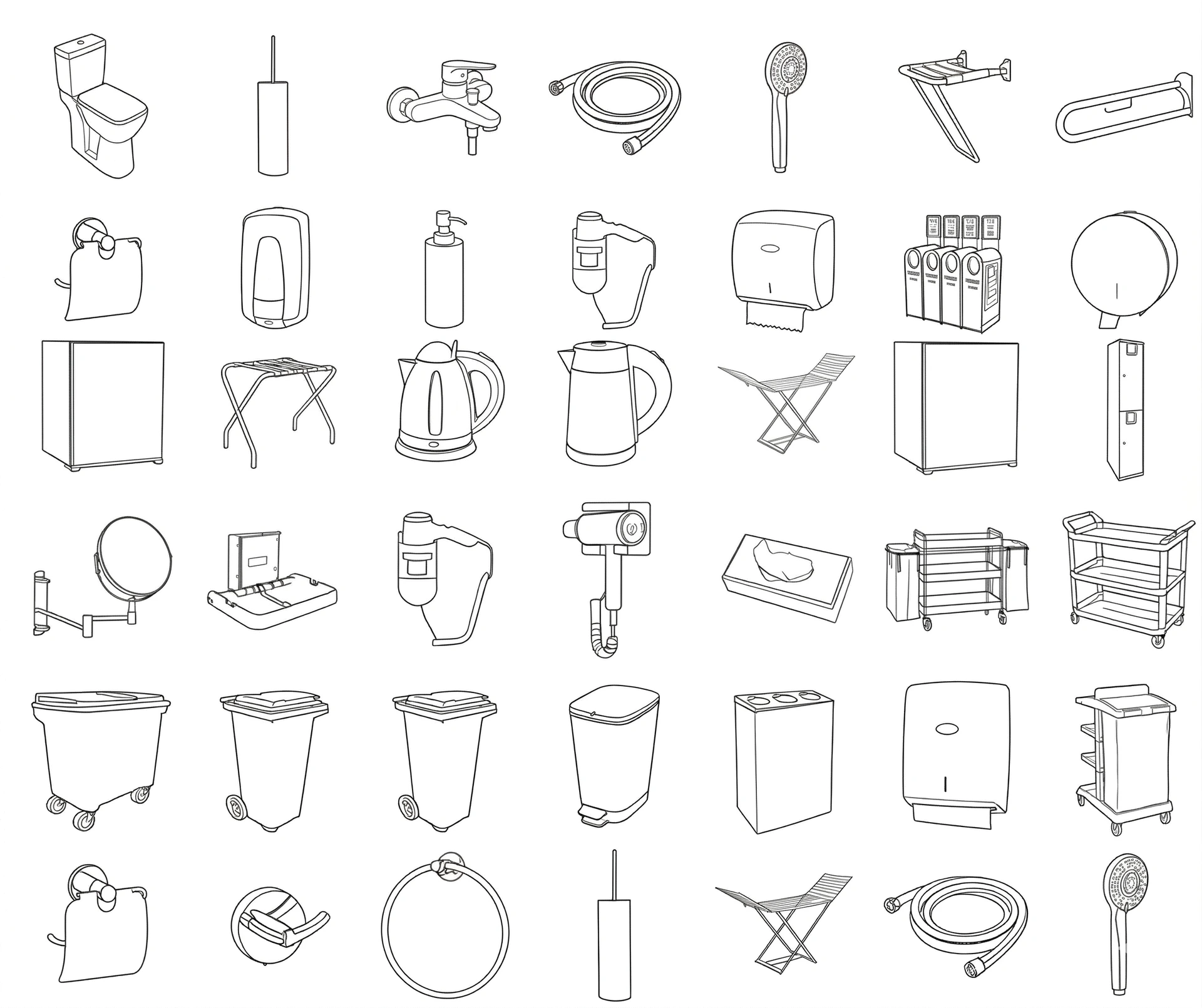 Ilustración del catálogo de equipamiento profesional de Capimora: baño, higiene, habitación, papeleras, contenedores y carros