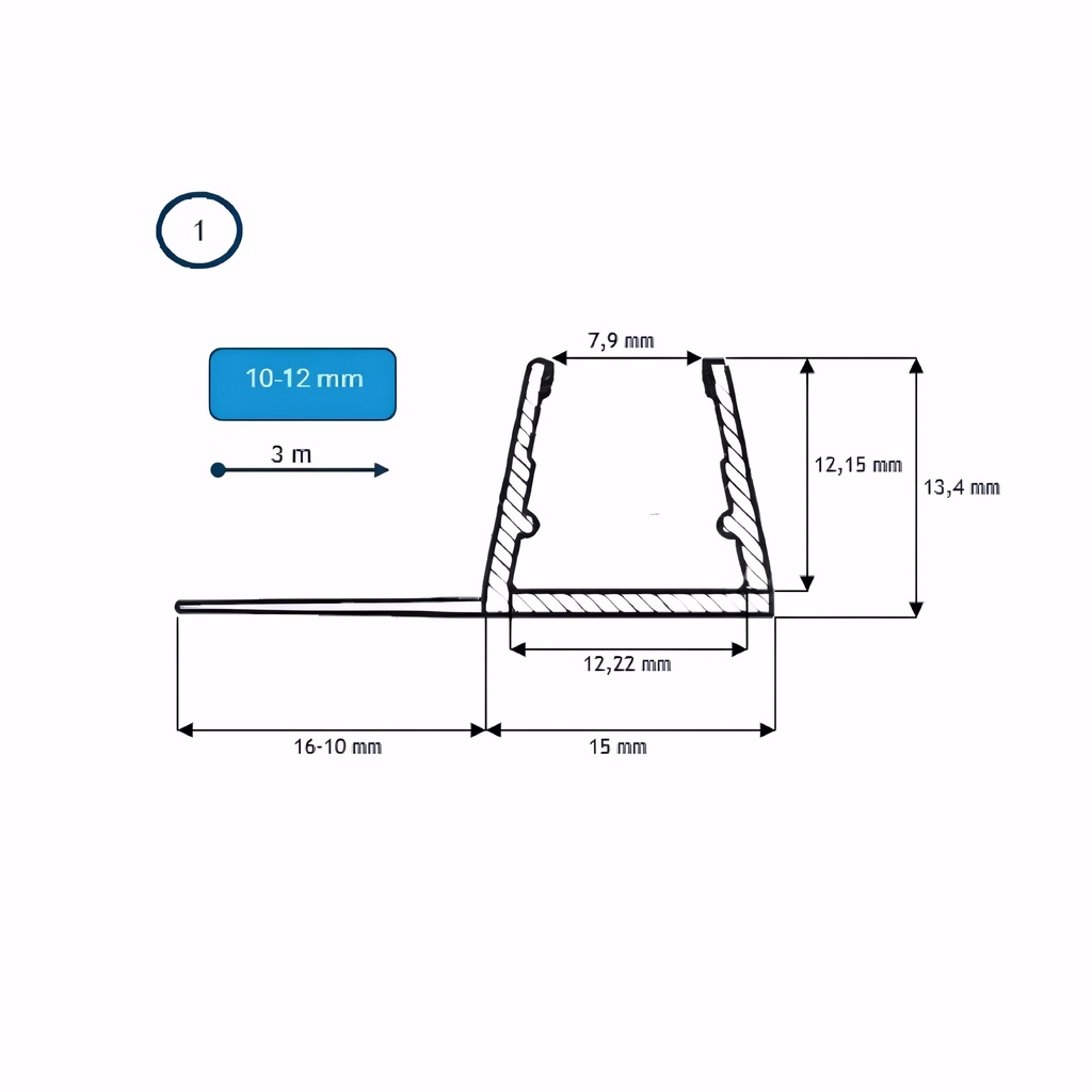Burlete para mampara cruce de correderas 10-12 mm, barra 3 m PGX019 PGE611/16