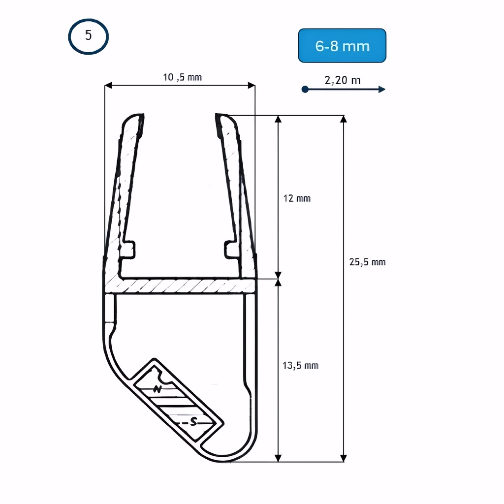 [9300005] BARRA BURLETE 06-08MM IMAN LATERAL A22 a 2.2M (5) PGX1247/1248