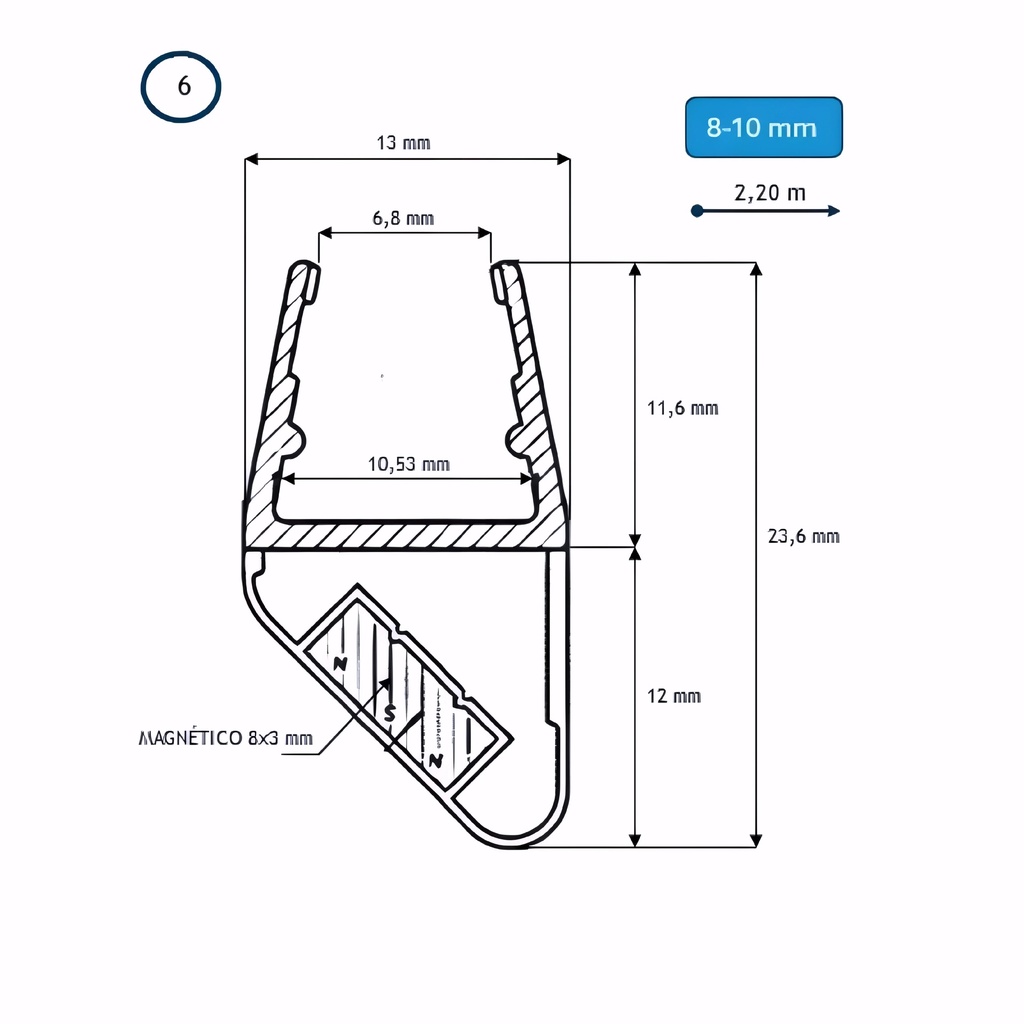 [9300006] BARRA BURLETE 08-10MM IMAN LATERAL A24 a 2.2M (6) PGX12/3DXSX
