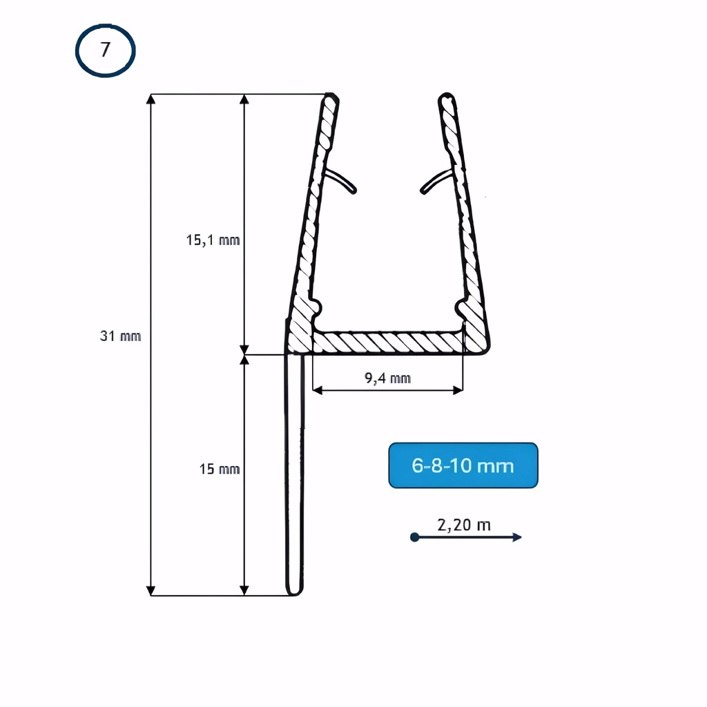 [9300007] BARRA BURLETE 1 ALETA LATERAL FLEXIBLE 6-8-10 2,2 m (7) PGE-1097