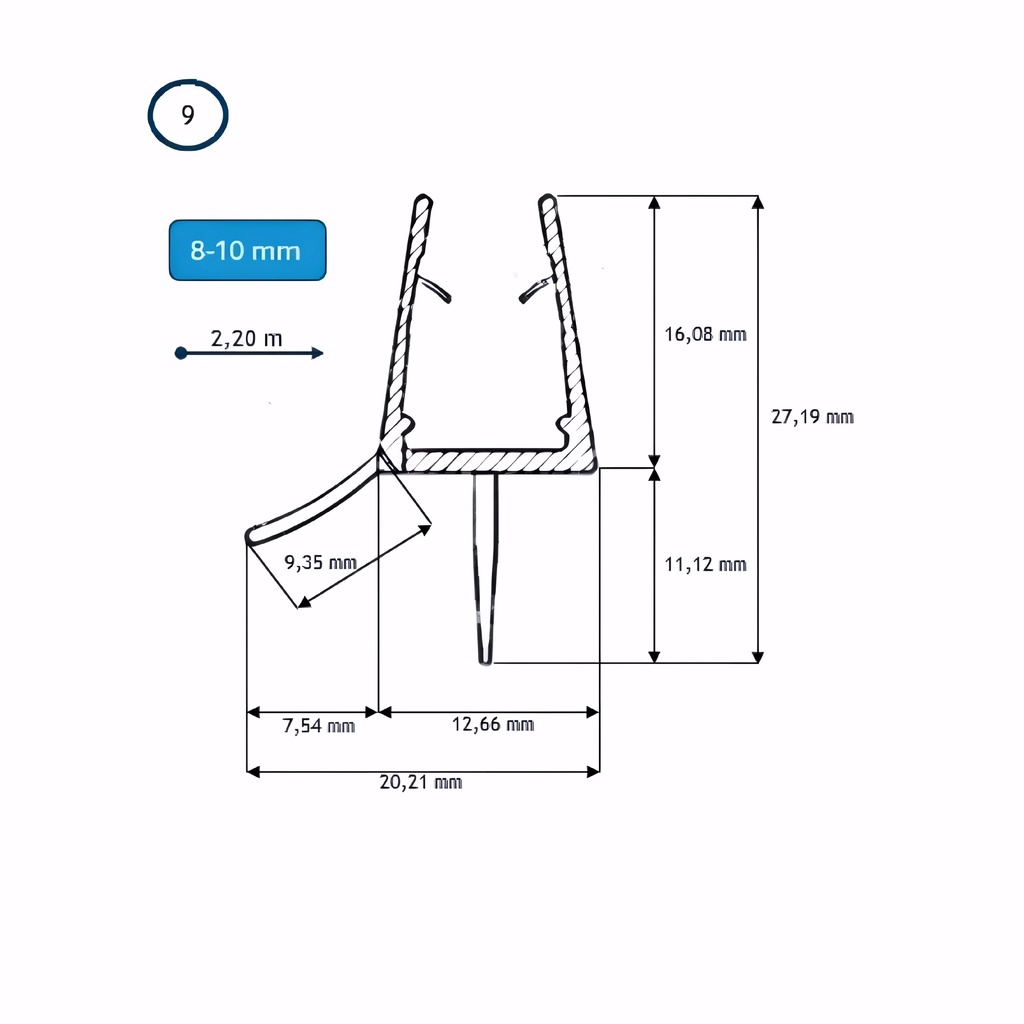 [9300009] BARRA BURLETE 8-10 MM ALA CENTRAL+LATERAL (9) BARRA A 2.20 MTRS PGE-1866