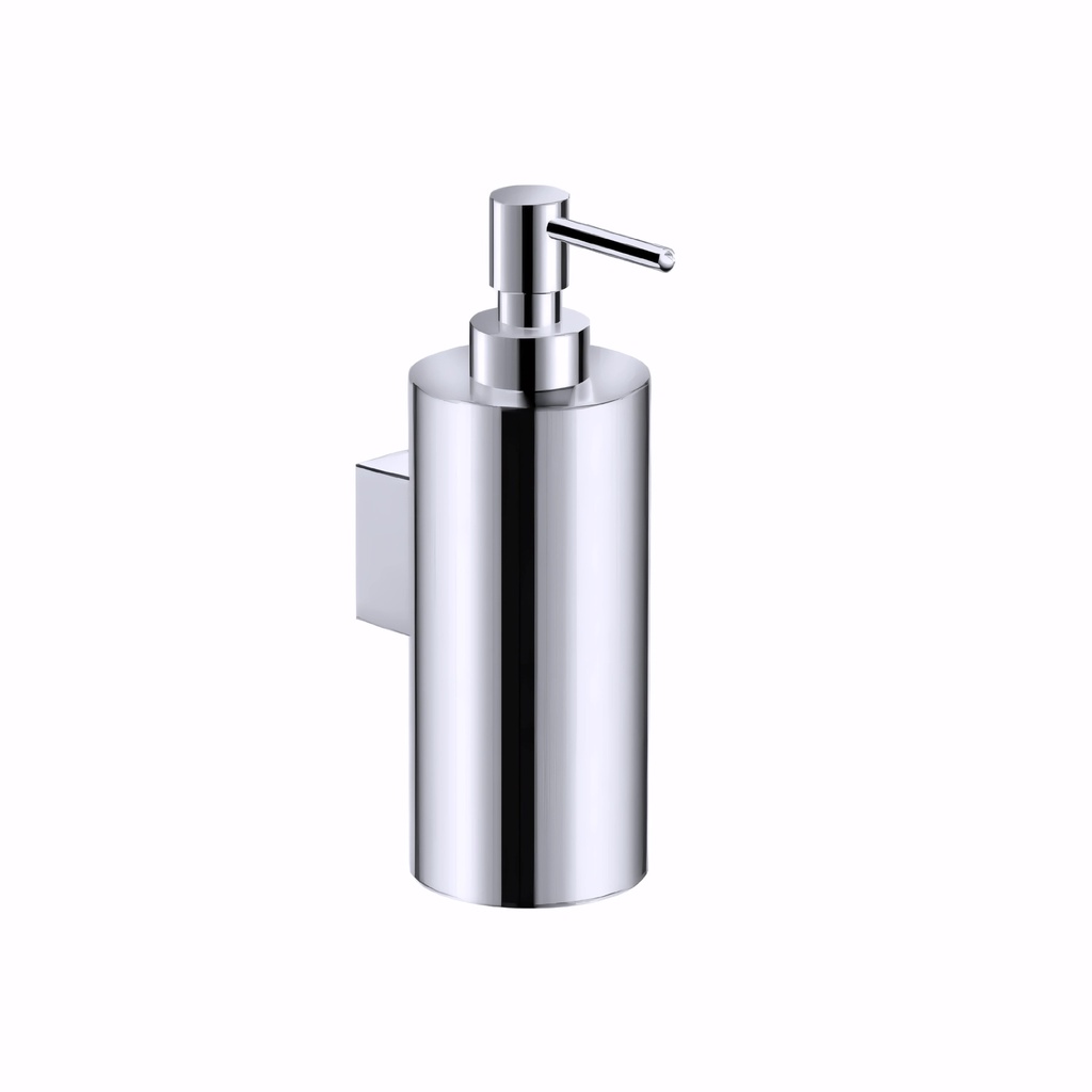Dosificador de gel en Plástico y latón cromado / Vaso en inox a pared