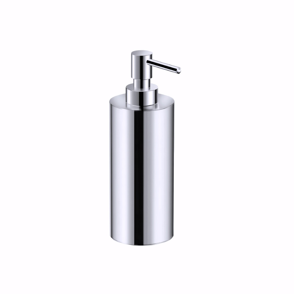 Dosificador de gel en Plástico y latón cromado / Vaso en inox encimera