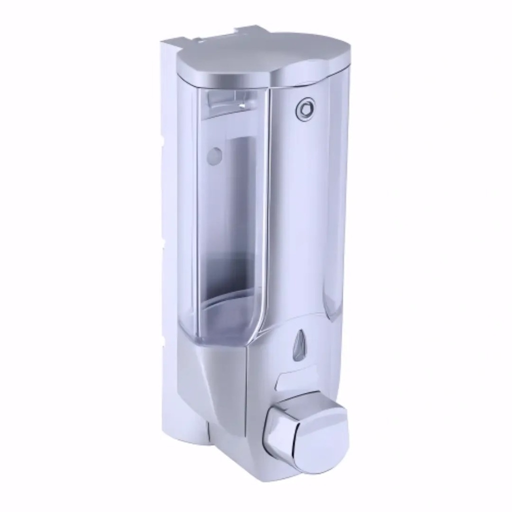 Dosificador de gel en Plástico / Transparente y satinado con base blanca 380 ml pulsador rellenable