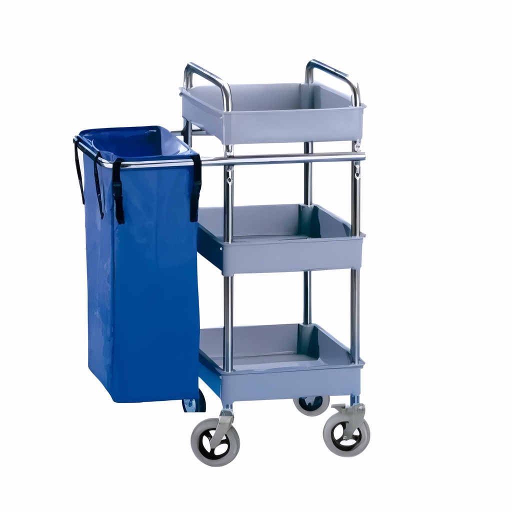Carro de camarera 3 bandejas pequeñas en Polipropileno y acero inox Rueda espuma 200 mm
