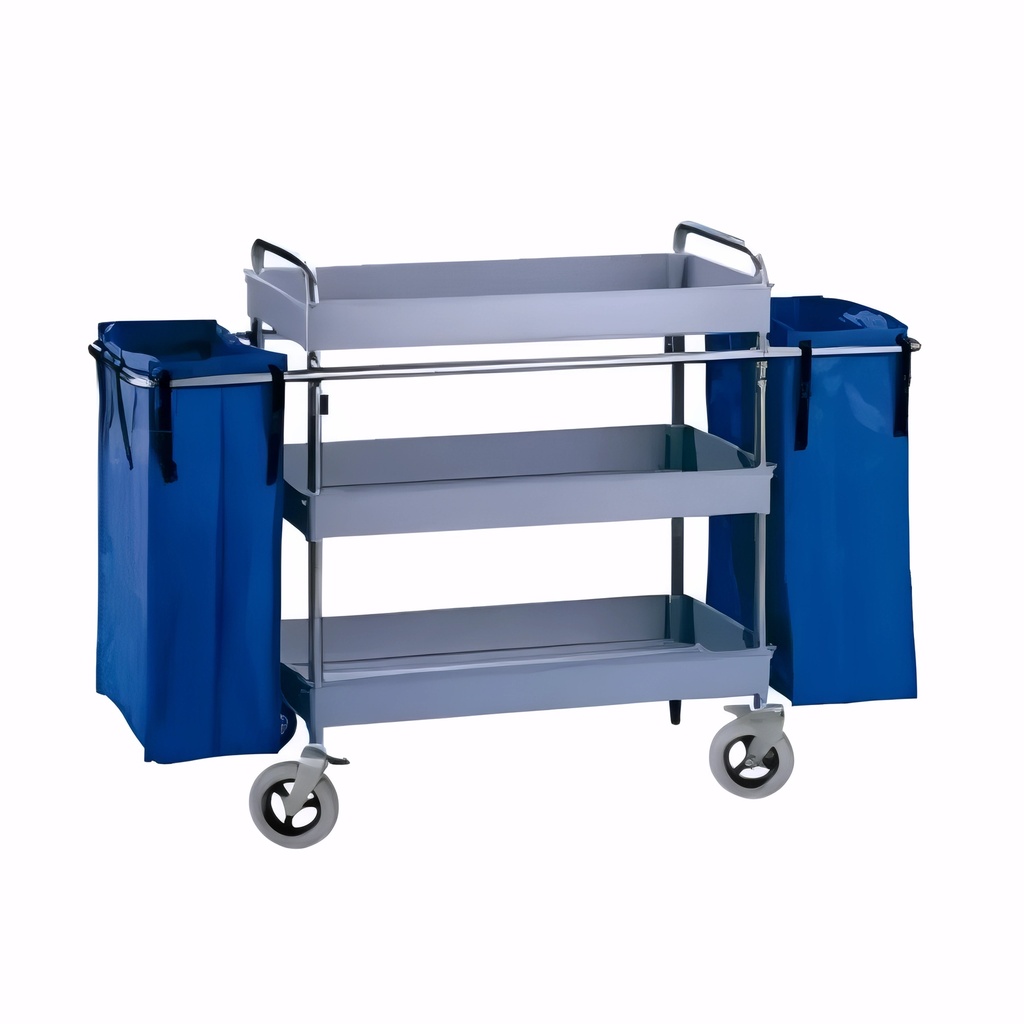 Carro de camarera 3 bandejas grandes en Polipropileno y acero inox Rueda espuma 200 mm