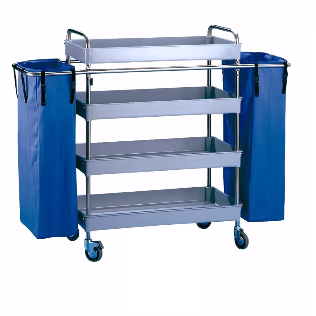 [2750206] Carro de camarera 4 bandejas grandes en Polipropileno y acero inox Rueda espuma 200 mm